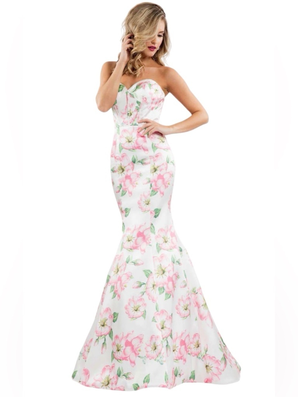 Rachel Allen White Strapless Pink Floral Magnolia Mermaid Gown Sz 6 (Style 7609